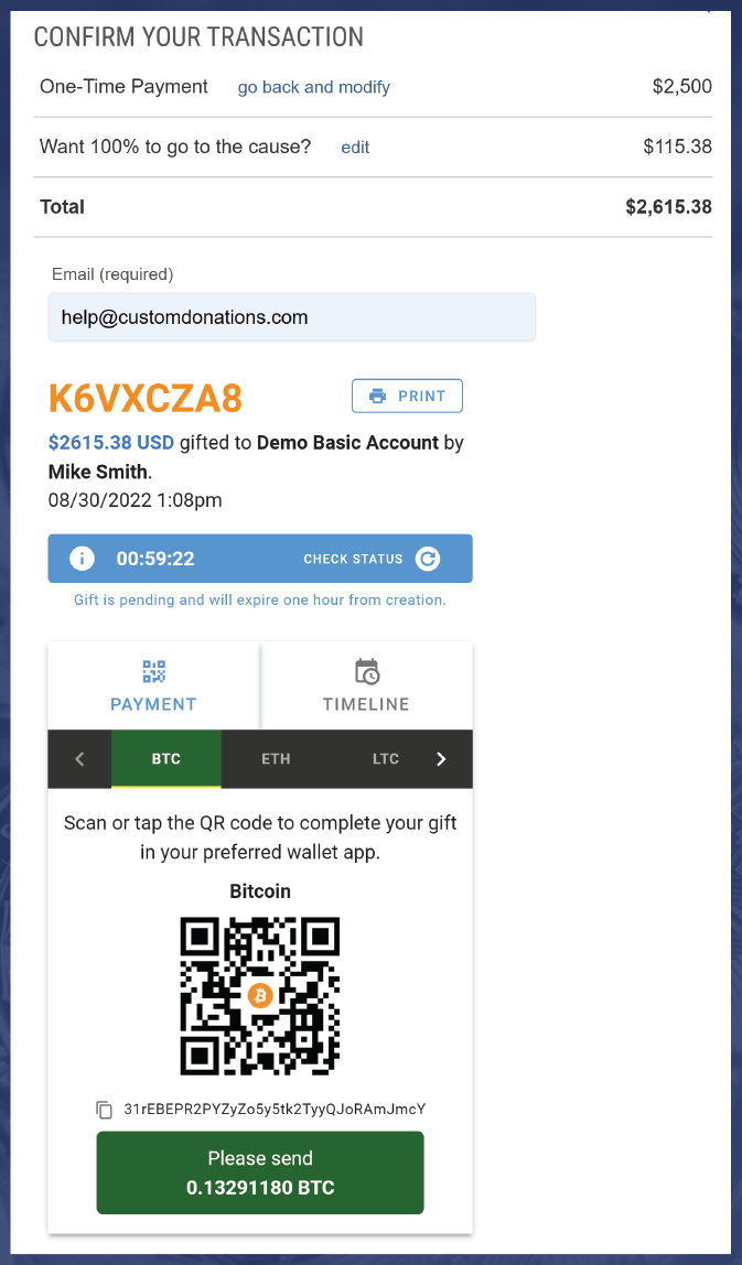 Cryptocurrency Donation Screen