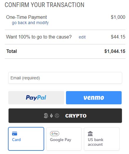 Cryptocurrency, PayPal, Venmo, and more Donation Screen
