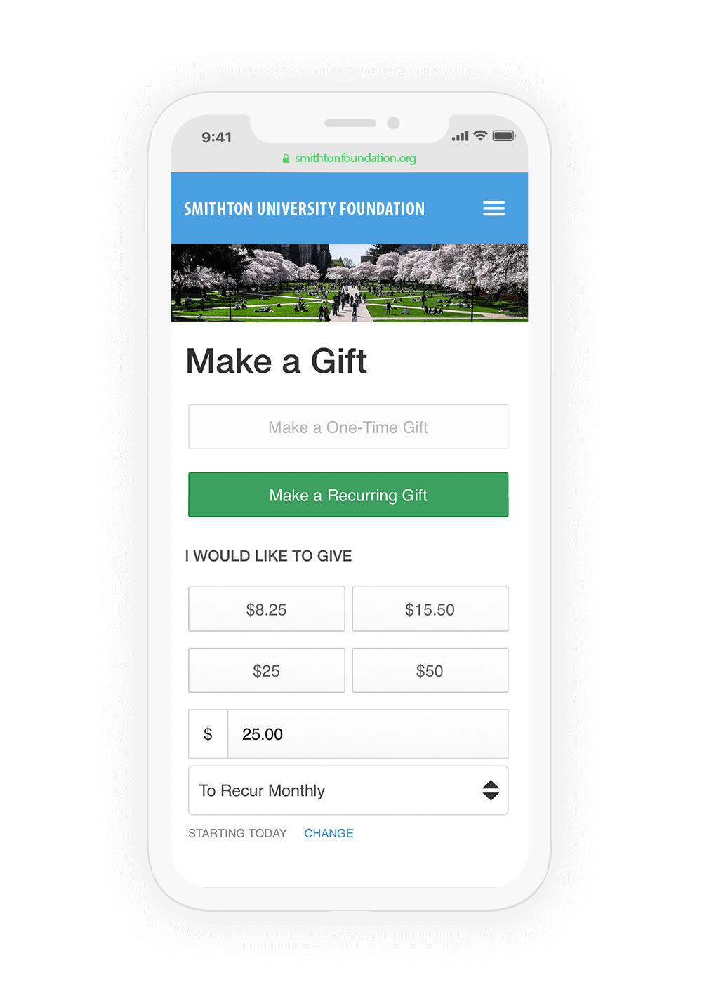 Screenshot of mobile-friendly Custom Donations interface