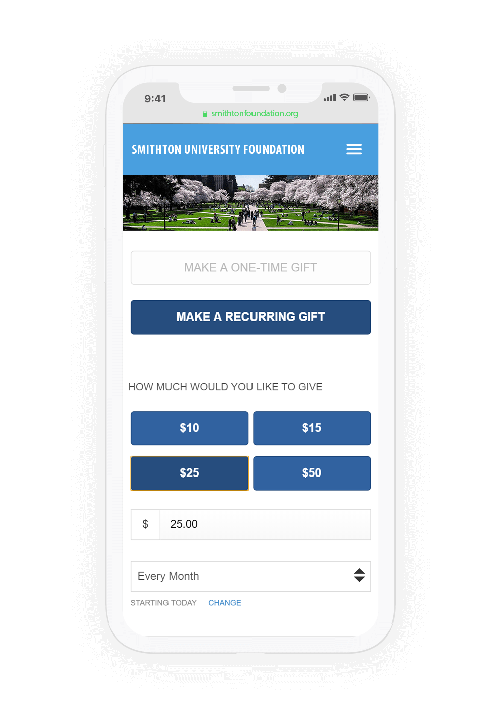 Screenshot of mobile-friendly BlueRidge Giving's interface
