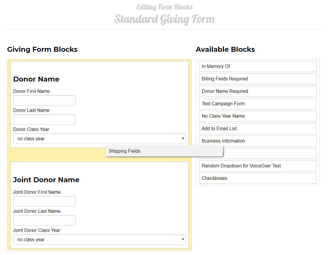 An image showing the list of created Form Blocks and dragging the Shipping Fields block into a giving form