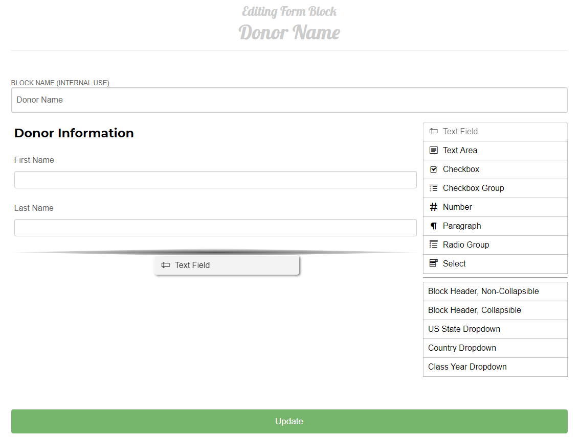 An image showing the Form Block interface and dragging a new text field into the block to create a suffix field